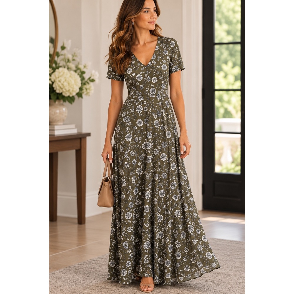 Agnes & Dora Austen Maxi Dress S/M Olive Green Floral V-Neck Cottagecore Boho